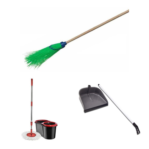 Set curățenie curte și casă: mătură, mop cu găleată și făraș