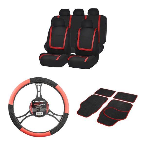 Kit interior mașină Carguard roșu: huse scaune, husă volan și covorașe textile