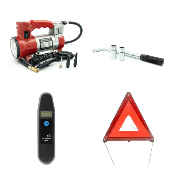 Kit pană pe drum Carguard: compresor, cheie de roată, manometru și triunghi reflectorizant