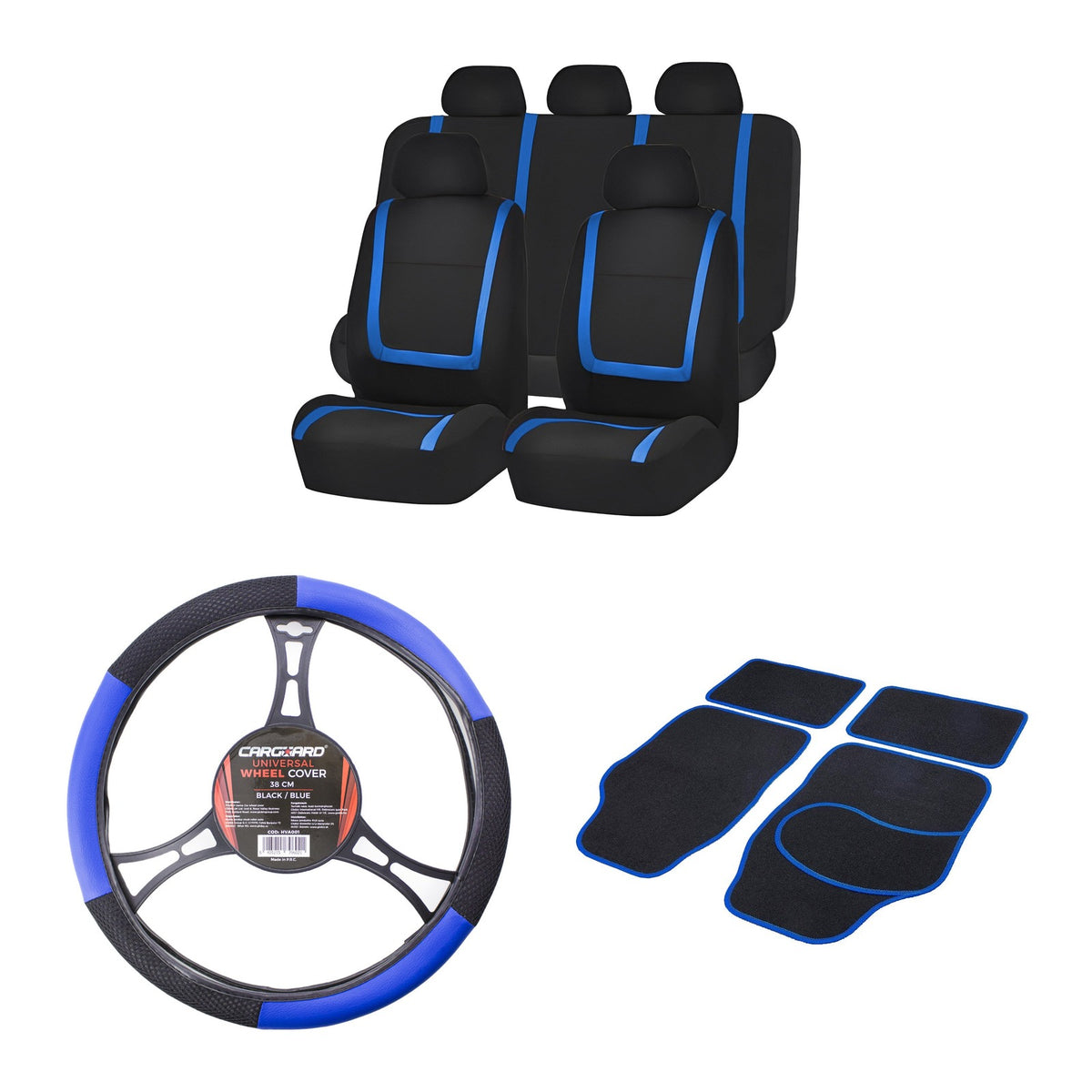 Kit interior mașină Carguard albastru: huse scaune, husă volan și covorașe textile