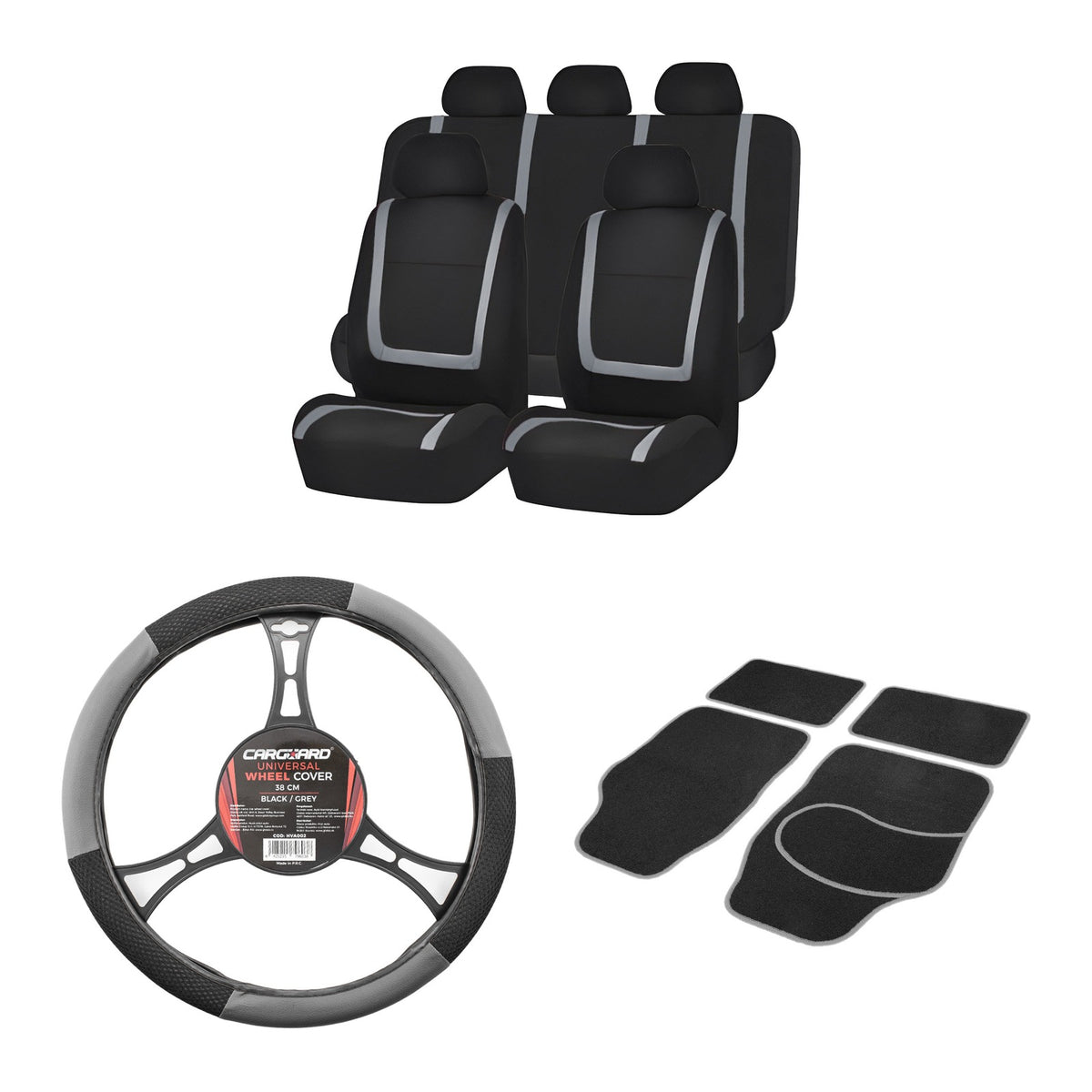 Kit interior mașină Carguard: huse scaune, husă volan și covorașe textile negru-gri
