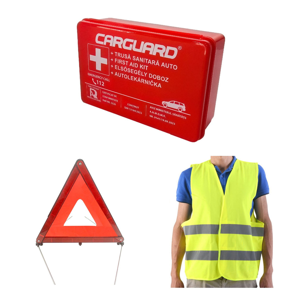 Kit siguranță obligatorie auto Carguard: trusă sanitară, triunghi reflectorizant și vestă