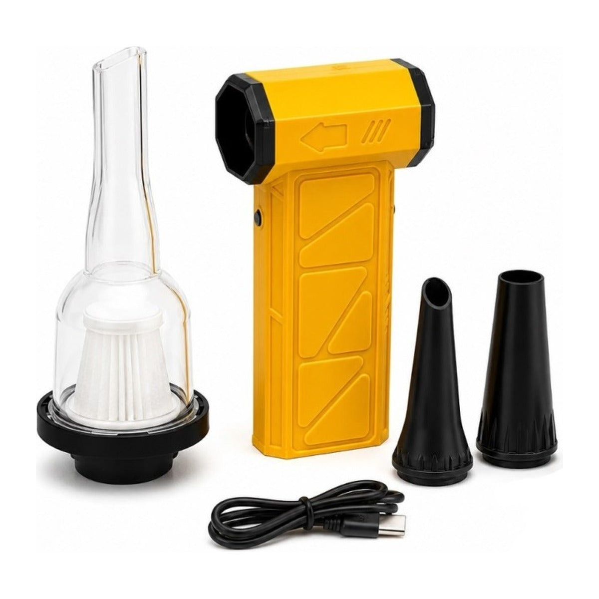 Suflantă și aspirator turbo cu accesorii: recipient cu filtru HEPA, două duze și cablu USB-C